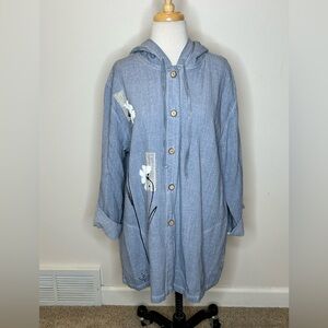 Focus Casual Life Light Blue Hooded Button-Down HP Floral Jacket Coat Size L